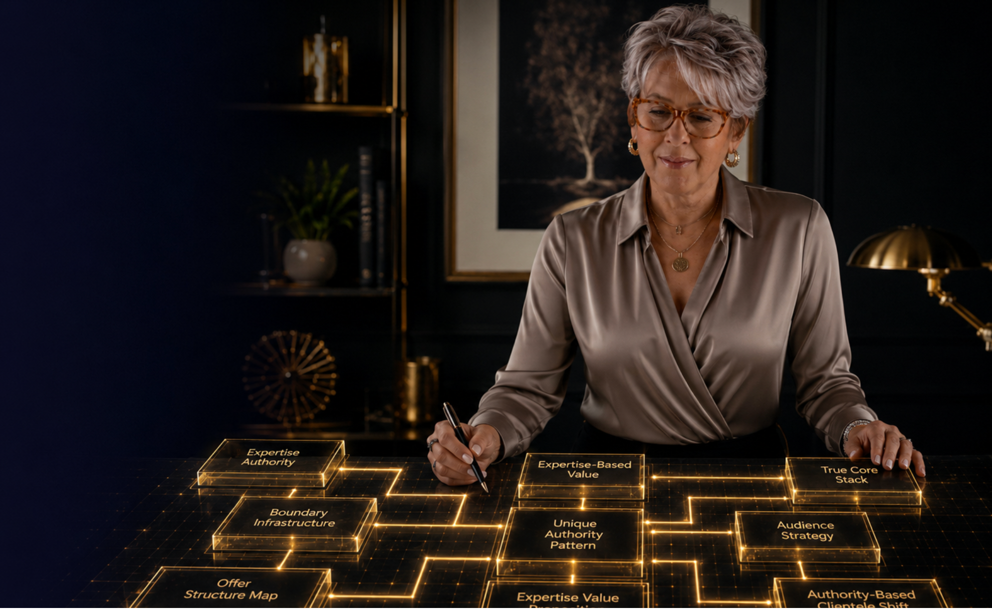 Dr. Nilda Perez at her desk with illuminated clinical authority framework panels