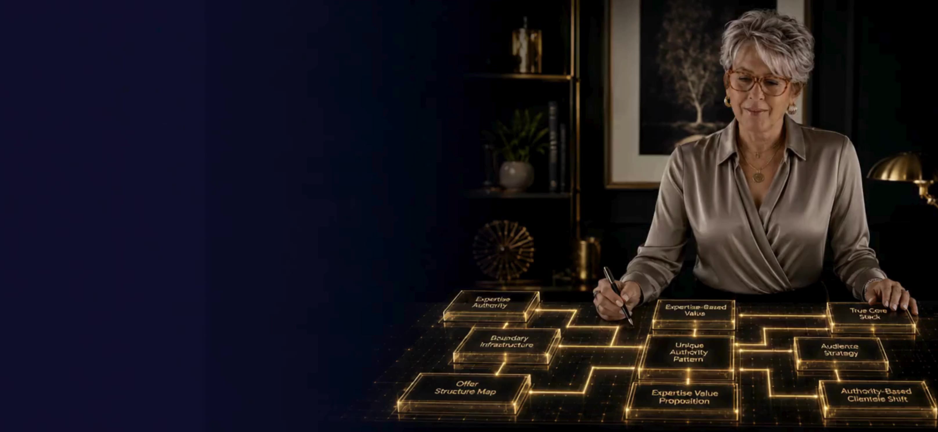 Dr. Nilda Perez at her desk with illuminated clinical authority framework panels